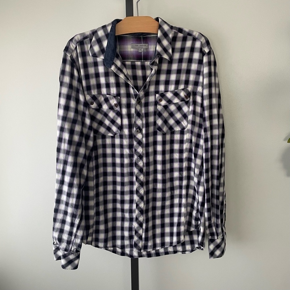 Ted Baker London Plaid Button Down Shirt Purple Mens Size 5 / XL